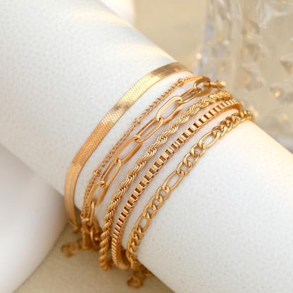 Bracelets for Women, Dainty Stackable Bracelet Stack Sets Tiny Box Chain Adjustable Bracelets Minimalist Cute Jewelry Paperclip Link Layered Waterproof Jewelry Sets Gifts - style: 6-PIECE IMITATION