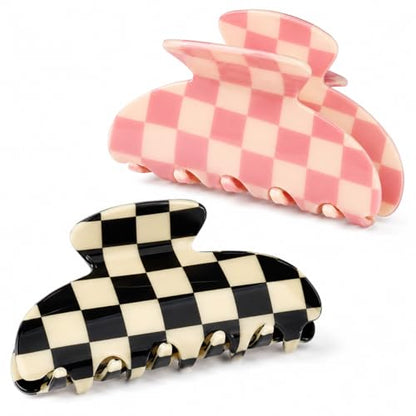 Aileam Acetate Hair Claw Clips for Women, Pink & Black Checkerboard, 2 Pack - color: Checked Pink & Black