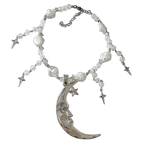 Handmade Crystal Moon Necklace Unique Alloy Star Pendant Clavicle Chain Choker, see picture for size, Metal, No
