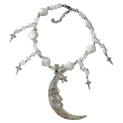 Handmade Crystal Moon Necklace Unique Alloy Star Pendant Clavicle Chain Choker, see picture for size, Metal, No