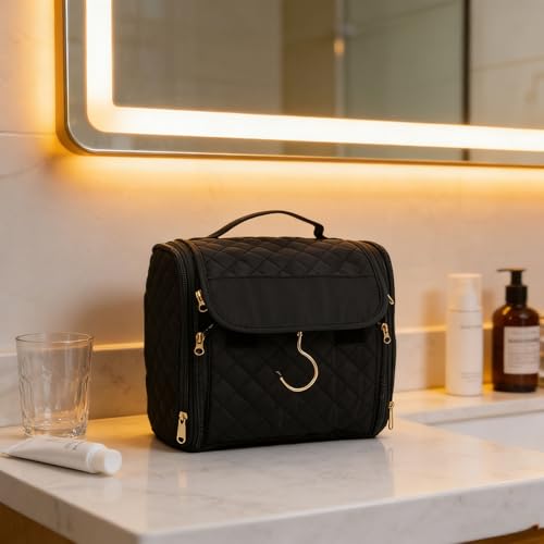 banapoy Hanging Toiletry Bag for Women, Roll up Cosmetics Makeup Bag, Travel Makeup Cosmetic Organizer with Hanging Hook, for Jewelry Toiletries, 10.63x9.45x6.30in (Black) - color: Black