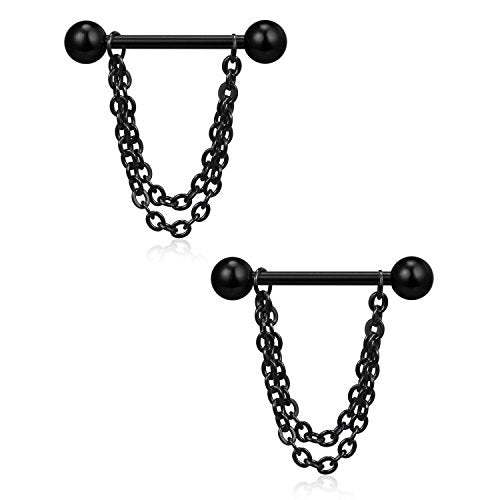 Ruifan Surgical Steel Nipple Shield Rings Tongue Barbell Piercing Jewelry Retainer 14G 5/8Inch Chain Dangle Clear CZ For Women Men 2-20PCS - color: 2PCS - Black w Balls