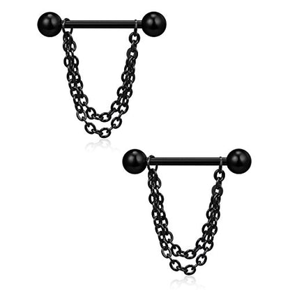 Ruifan Surgical Steel Nipple Shield Rings Tongue Barbell Piercing Jewelry Retainer 14G 5/8Inch Chain Dangle Clear CZ For Women Men 2-20PCS - color: 2PCS - Black w Balls