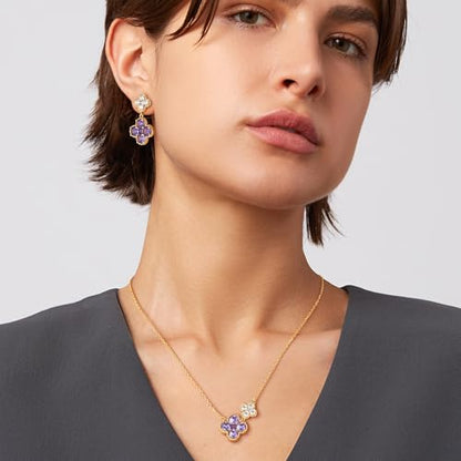 MTMY Dangle Earrings for Women 14K Gold Plated Four Leaf Clover Dangling Drop Birthstone Stud Earrings Trendy Flower Birthstone Jewelry Birthday Gifts - style: Feb.-Amethyst