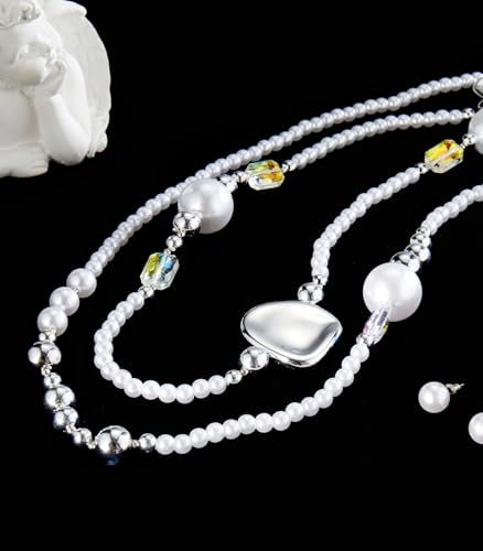 Errally Long Pearl Necklace and Earring Set Layered Pearl Beaded Necklaces for Women White Costume Jewelry Sets Gifts for Mom - color: Silver Piece