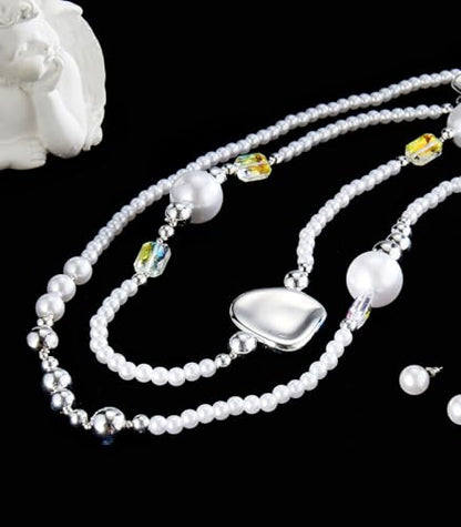 Errally Long Pearl Necklace and Earring Set Layered Pearl Beaded Necklaces for Women White Costume Jewelry Sets Gifts for Mom - color: Silver Piece
