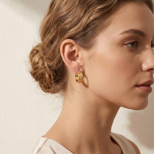 14K Gold Hoop Earrings for Women 20mm Gold Earrings for Women Trendy 14k Gold Huggie Earring for Women Hoops Unique Twisted Beaded Pattern Womens Hoops Earring