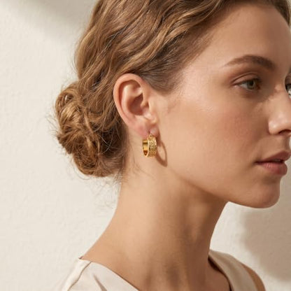 14K Gold Hoop Earrings for Women 20mm Gold Earrings for Women Trendy 14k Gold Huggie Earring for Women Hoops Unique Twisted Beaded Pattern Womens Hoops Earring