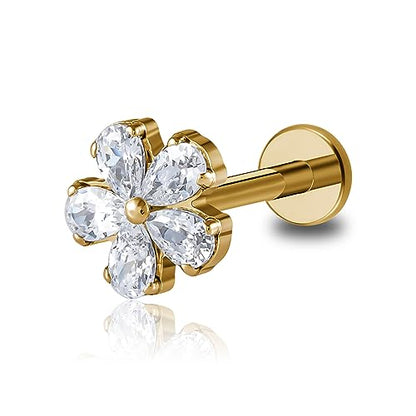FINE4U 1PC ASTM F136 Titanium 16G Flatback Stud for Tragus, Helix, Conch 6mm 8mm - Screw on Cartilage Earring Piercing Jewelry - color: CZ Flower - Gold