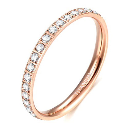 TIGRADE 2mm Women Titanium Eternity Ring Cubic Zirconia Anniversary Wedding Engagement Band Size 3-13.5 - color: Rose Gold
