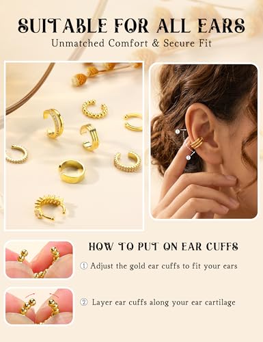 Giovanchi 16Pcs Ear Cuffs Non Piercing Ear Cuff Earrings for Women | 14K Gold Plated Ear Cuff, Adjustable, Non Pierced Ears, Clip on Cartilage Earring Fake Earrings Set - color: A-14K Gold Plated