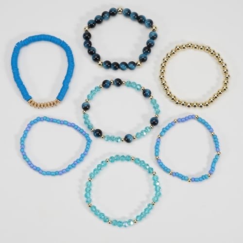 7Pcs Bohemia Multilayer Stackable Crystal Beaded Bracelet Set Multicolor Surfer Heishi Clay Gold Beaded Friendship Stretch Bracelets for Women Men Summer Beach Boho Vacation Jewelry Gifts - color: Blue