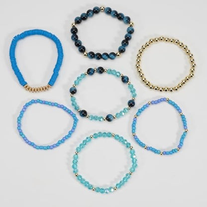 7Pcs Bohemia Multilayer Stackable Crystal Beaded Bracelet Set Multicolor Surfer Heishi Clay Gold Beaded Friendship Stretch Bracelets for Women Men Summer Beach Boho Vacation Jewelry Gifts - color: Blue