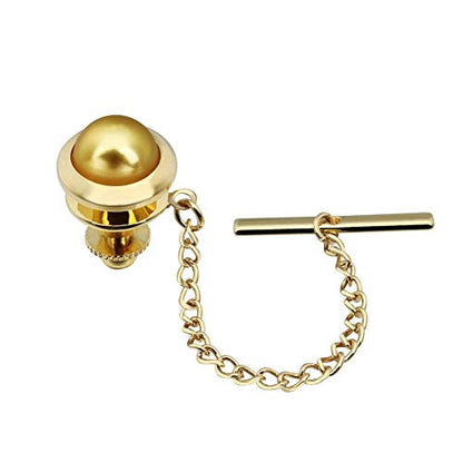 AMITER Crystal/Pearl Tie Tack with Chain, Gold Mens Tie Pin Necktie Pins Lapel Pin for Wedding Birthday Anniversary Party - color: 24k Gold+Yellow Imitation Pearl