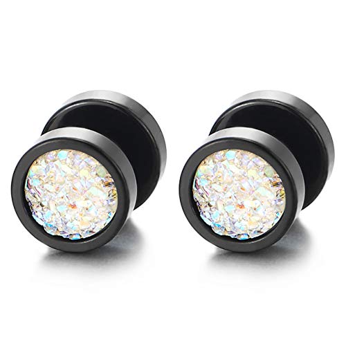 10mm Women Mens Black Circle Stud Earrings Black Glitter, Steel Cheater Fake Ear Plugs Gauges Tunnel - color: Metal color: Black; Stone color: Colorful-02