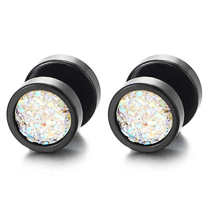 10mm Women Mens Black Circle Stud Earrings Black Glitter, Steel Cheater Fake Ear Plugs Gauges Tunnel - color: Metal color: Black; Stone color: Colorful-02