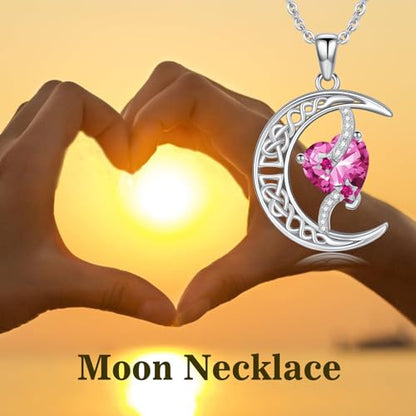 TOUPOP Moon and Star Birthstone Necklace for Women 925 Sterling Silver Celtic Moon Jewelry Birthday Mothers Day Gifts for Mom Wife Her - color: 10-October-Pink Tourmaline