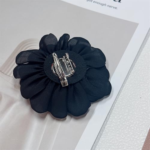 9cm Wedding Fabric Flower Brooch Pin Hair Clip for Women Men Elegant Big Camellia Rose Floral Brooches Lapel Pins Dainty Holiday Party Costume Dress Accessories Jewelry - color: Black