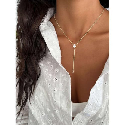 Lariat Necklace for Women, Dainty 14K Gold/Silver Plated Long Necklaces for Women Trendy Simple Layered Y-Shaped Pendant Necklace Adjustable Fashion Jewelry Gift - color: Gold, style: Two CZ Pendant