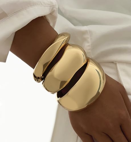 Chunky Gold Bangle Bracelets for Women, Dainty 14k Gold Plated Big Stackable Bangles Set, Trendy Statement Cuff Bracelet Stack Fashion Jewelry Gifts - style: A5-gold