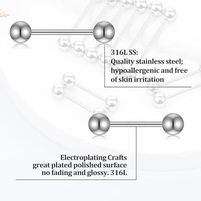 Hecila 10PCS Metal Tongue Rings Nipple Piercing Jewelry Externally Threaded Stainless Steel Straight Barbells Piercing Short Long Bar Silver Bridge Piercings for Women Men 12mm 14mm 16mm 18mm 20mm