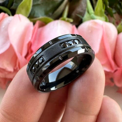 TUTISS 8mm Silver/Black Tungsten Rings for Men Women Promise Engagement Eternity Wedding Bands Black Cubic Zircon Stone Inlay All Around Matte Finish Comfort Fit - color: 8mm Black Tungsten