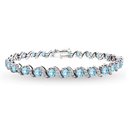 B. BRILLIANT Sterling Silver Genuine, Created or Simulated Gemstone Round S Design Tennis Bracelet for Women - color: Simulated Paraiba
