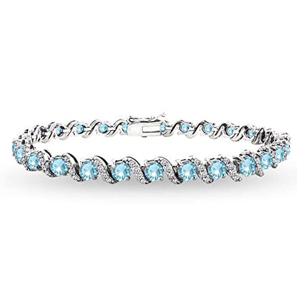 B. BRILLIANT Sterling Silver Genuine, Created or Simulated Gemstone Round S Design Tennis Bracelet for Women - color: Simulated Paraiba