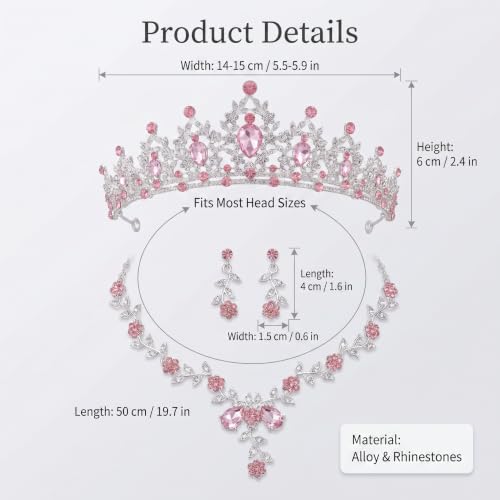 Kamirola Tiaras and Crowns for Women,Tiaras Earrings Necklace, Crystal Bridal Jewelry Set, Costume Party Halloween Prom Pageant Jewelry for Women(TR45) - color: Pink & Silver