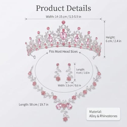 Kamirola Tiaras and Crowns for Women,Tiaras Earrings Necklace, Crystal Bridal Jewelry Set, Costume Party Halloween Prom Pageant Jewelry for Women(TR45) - color: Pink & Silver