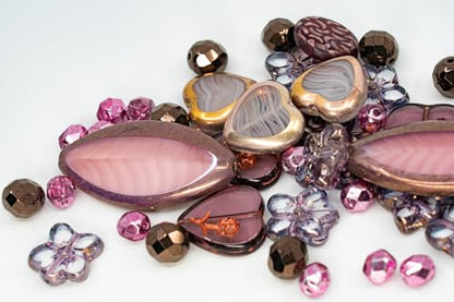 45+ pcs (2.1oz=60g) of Focal Glass Bead Mix with Table-Cut Flower and Butterfly Beads, PG Pink Purple - color: Focat Pink Purple