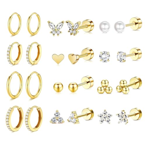 Stainless Steel Stud Earrings Set for Women Hypoallergenic Flat Back Cartilage Earrings Screw Back Huggie Hoop Earrings Multiple Piercing Cubic Zirconia Helix Tragus Jewelry - color: Set-B-14K Gold Plated