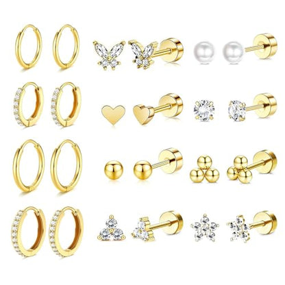 Stainless Steel Stud Earrings Set for Women Hypoallergenic Flat Back Cartilage Earrings Screw Back Huggie Hoop Earrings Multiple Piercing Cubic Zirconia Helix Tragus Jewelry - color: Set-B-14K Gold Plated