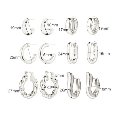 6 Pairs Gold Hoop Earrings for Women, 14K Gold Plated Huggie Hoop Earrings Set Hypoallergenic Lightweight Chunky Open Hoops Jewelry for Gift - color: Silver