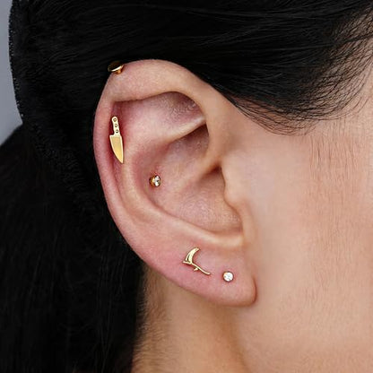 FINE4U 1PC ASTM F136 Titanium Internally Threaded Piercing Jewelry Stud 16G 6mm 8mm for Helix, Tragus, Conch, Flat - color: Knife - Gold
