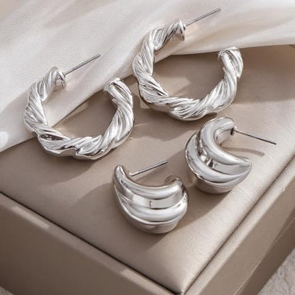 IFKM 24 Pairs Gold Hoop Earrings Set for Women Hypoallergenic Chunky Chain Twisted Open Hoops Dangle Earring Packs for Birthday Party Christmas Fashion Jewelry Gift - color: 9 Pairs Silver Style 2