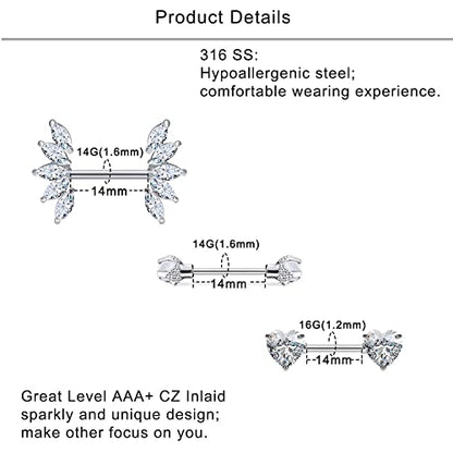 Lcolyoli 14G Surgical Steel Nipple Rings for Women Nipple Shield Barbell Ring Bar Nipple Piercing Jewelry Clear Diamond CZ Set - color: 14g-6 pairs-silvertone