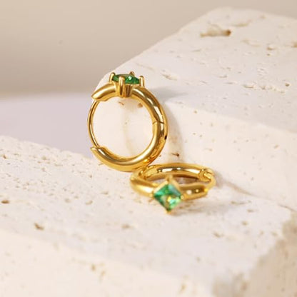 316L Surgical Steel Birthstone Hoop Earrings for Women | Lightweight, 5A Cubic Zirconia, Hypoallergenic, Lead & Nickel Free, 8mm Huggie Hoops - color: 18k gold-plated: 05. May (Emerald)