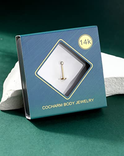 COCHARM 14K Solid Gold Helix Cartilage Tragus Earring Stud 16g Yellow Gold Threadless Tragus Cartilage Helix Conch Piercing Jewelry Flat Back Lip Labret Medusa Monroe Piercing Stud - color: 3mm Top, size: 6mm Length