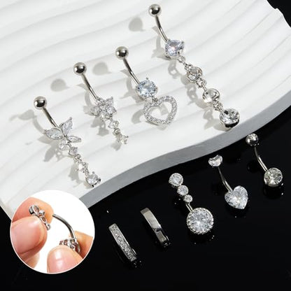 9PCS Belly Button Ring Dangle Stainless Steel Belly Rings 14G 1.6MM Belly Piercing Cute Navel Ring Piercing Jewelry Belly Ring for Women - color: 9PC Silver Set