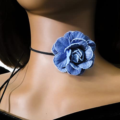 Black Choker Camellia Flower Lace-up Necklace For Women - color: Denim flower