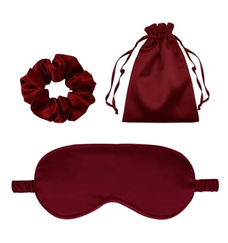 3Pcs Satin Eye Mask Silk Sleep Masks Set Silky Blindfold Eyeshade Blackout Eyes Cover Pouches Bag Scrunchy Wedding Gift - color: Burgundy