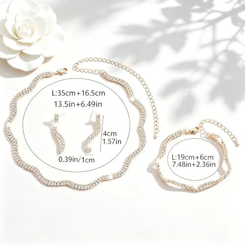 Rhinestone Bridal Jewelry Set, Choker Necklace Earrings Bracelet, Formal Wedding Prom Accessories for Women and Brides - color: Golden