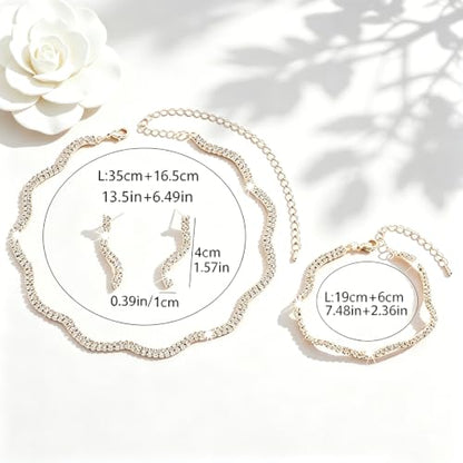 Rhinestone Bridal Jewelry Set, Choker Necklace Earrings Bracelet, Formal Wedding Prom Accessories for Women and Brides - color: Golden