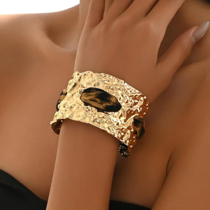 Chunky Gold Hammered Bracelets for Women, Leopard Print Scarf Big Golden Stainless Steel Cuff Bangle Silk Styling Charm Stackable Statement Jewelry Gifts - color: Small size -2.1cm