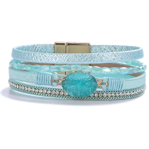Boho Chunky Leather Wrap Bracelets Stackable Beaded Western Country Jewelry | Crystal Bead Trendy Layered Cuff Magnetic Clasp Stack Bohemian Statement Costume Outfits Cowgirl Fashion Hippie Accessories - color: Teal, size: 7.7"