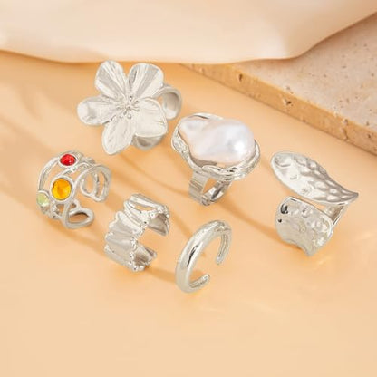 Chunky Gold Rings Set for Women Trendy Statement Flower Knuckle Ring Baroque Pearl Stack Ring Wrinkled Prom Outfits Accessories - color: Silver