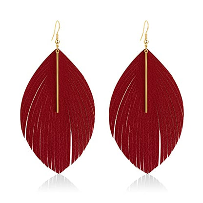 Bohemian Handmade Lightweight Color Large Genuine Soft Leather Fringe Feather Leaf Tear Dangle Drop Earrings for Women Statement - color: Red