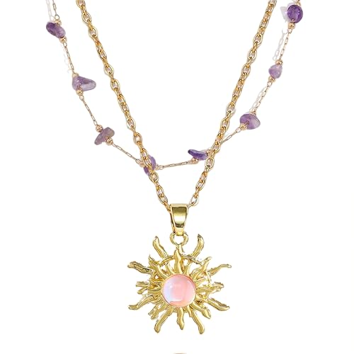 Sun and Moon Necklace for Women Purple Tangled Sun Pendant Gold Sunflower Necklace Healing Crystal Jewelry Celestial Boho Spiritual Fairycore Gift - color: DGP1
