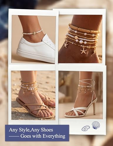 JeryWe 6Pcs Ankle Bracelets for Women - Waterproof Beaded Anklet Bracelet Set, Layered Boho Starfish Seashell Beach Jewelry, Handmade Summer Elastic Anklet - style: Brown-Starfish